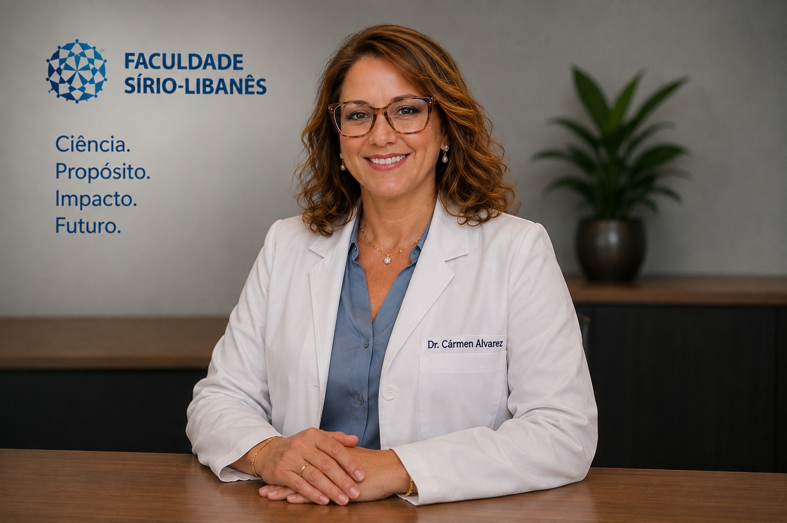 Dra. Cármen Alvarez de jaleco na Faculdade Sírio-Libanês