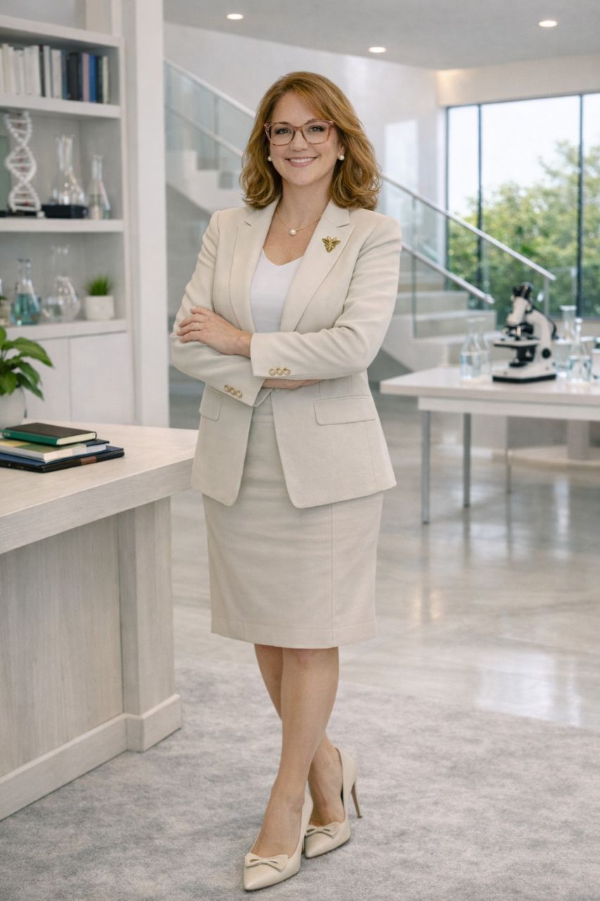 Dra. Cármen Alvarez em jaleco branco em laboratório clínico moderno, com tablet e microscópio ao fundo