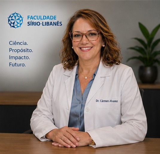 Dra. Cármen Alvarez de jaleco na Faculdade Sírio-Libanês